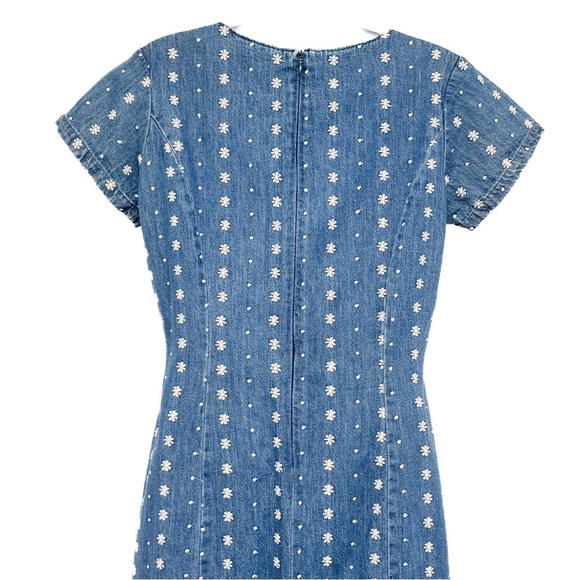 Vintage Floral Embroidered Denim Jean Midi Dress Short Sleeve Made in USA Size 4 - Picture 5 of 9